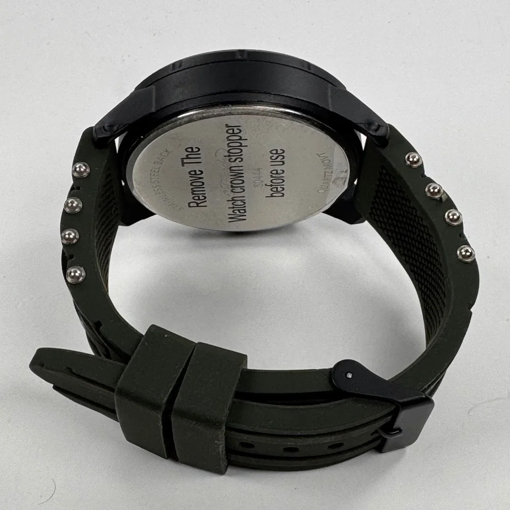 Ed Hardy Mens Camouflage Dial Watch Black Case Green Studded Silicone Band 50444